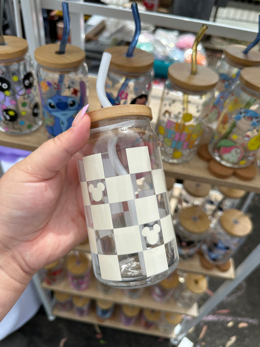 Mouse Cream Checkered Glass Cup